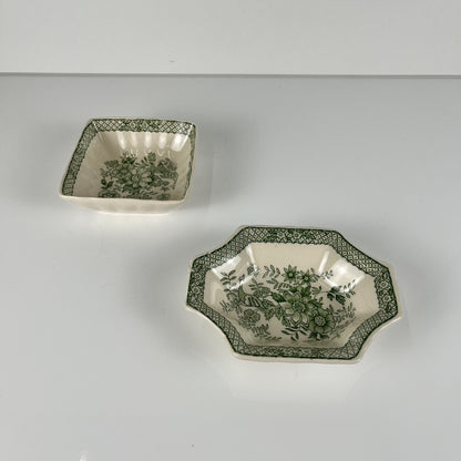 Pair of Mason's Ironstone trinket trays / soap dishes, "Stratford" green decor, England, 1970
