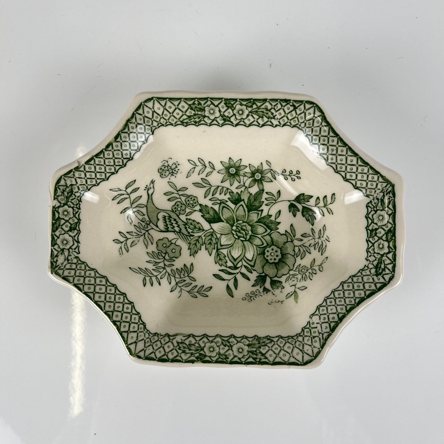 Pair of Mason's Ironstone trinket trays / soap dishes, "Stratford" green decor, England, 1970