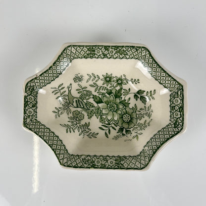 Pair of Mason's Ironstone trinket trays / soap dishes, "Stratford" green decor, England, 1970