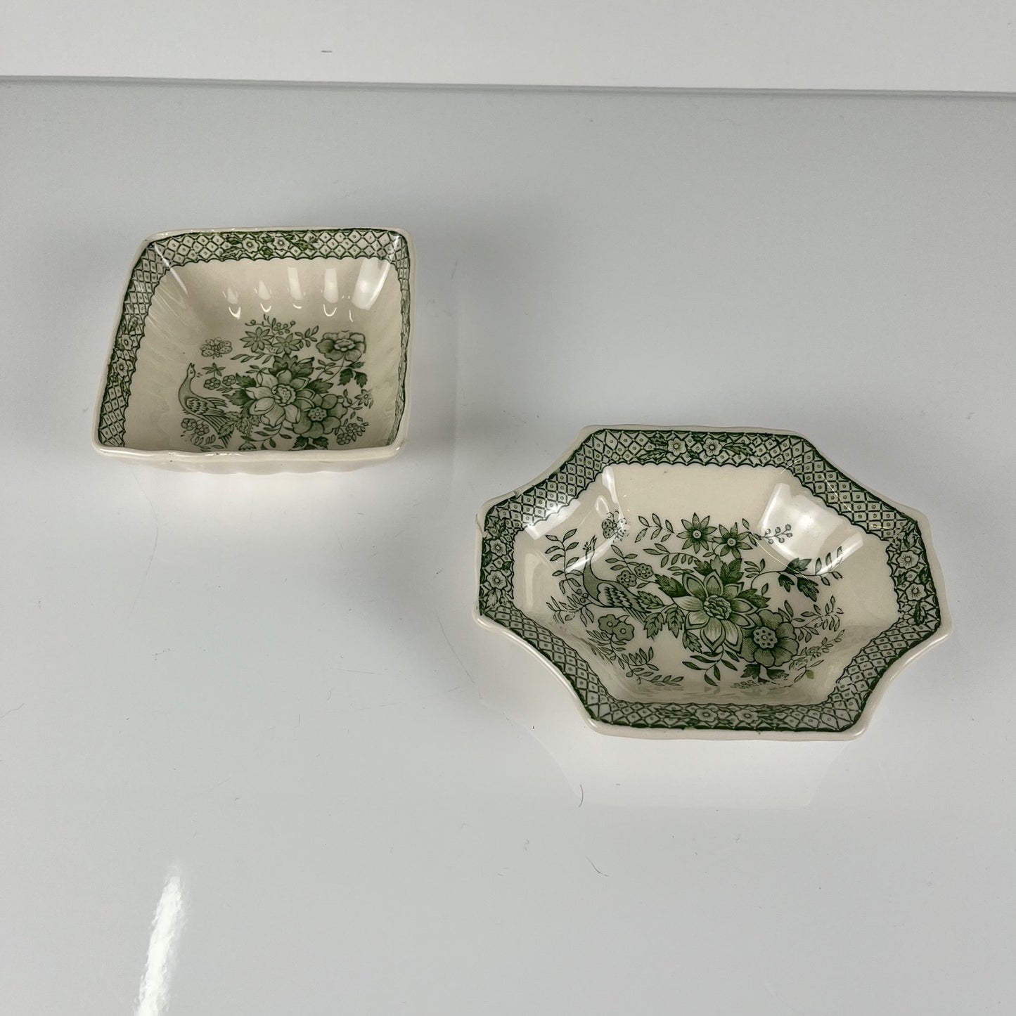 Pair of Mason's Ironstone trinket trays / soap dishes, "Stratford" green decor, England, 1970