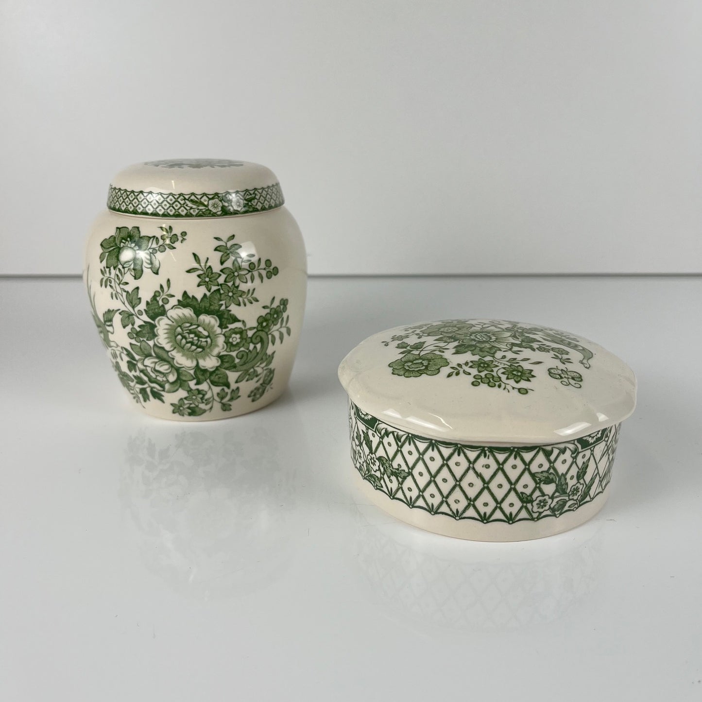 Duo de boîte Mason's Ironstone, décor vert "Stratford", Angleterre , 1970