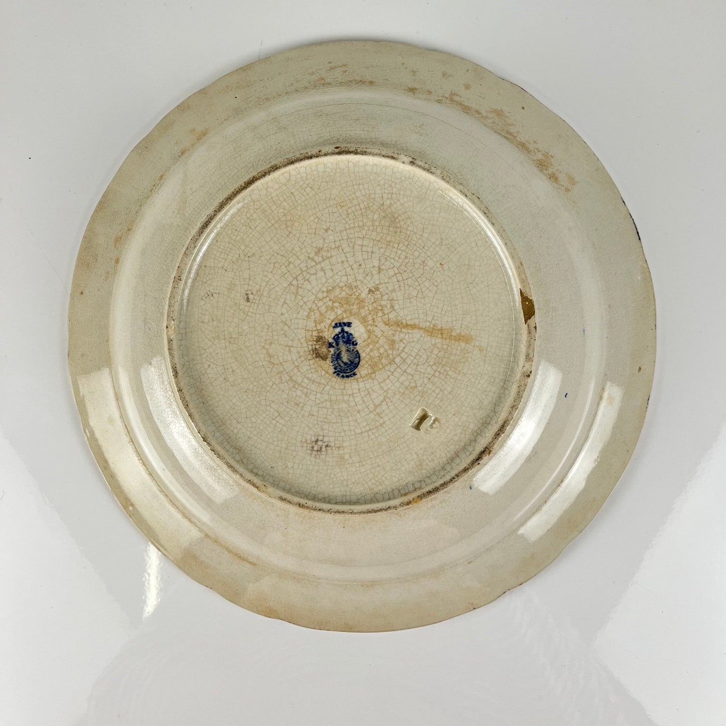Shallow salad bowl Terre de Fer KG Lunéville, "Jane" pattern, blue, 1890-1915