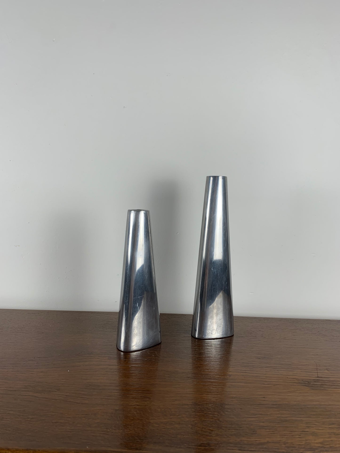 Duo of silver aluminum candle holders, Ikea 1980