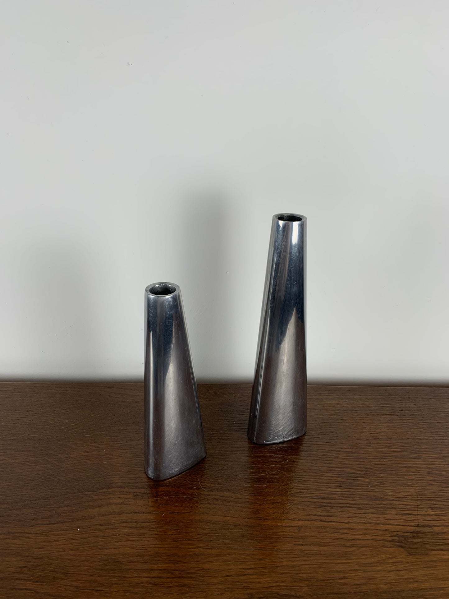 Duo of silver aluminum candle holders, Ikea 1980