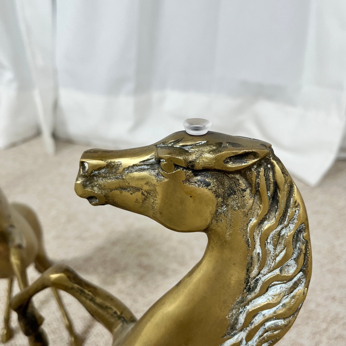 Hollywood Regency style coffee table, 6 patinated brass horses & glass top, 1970