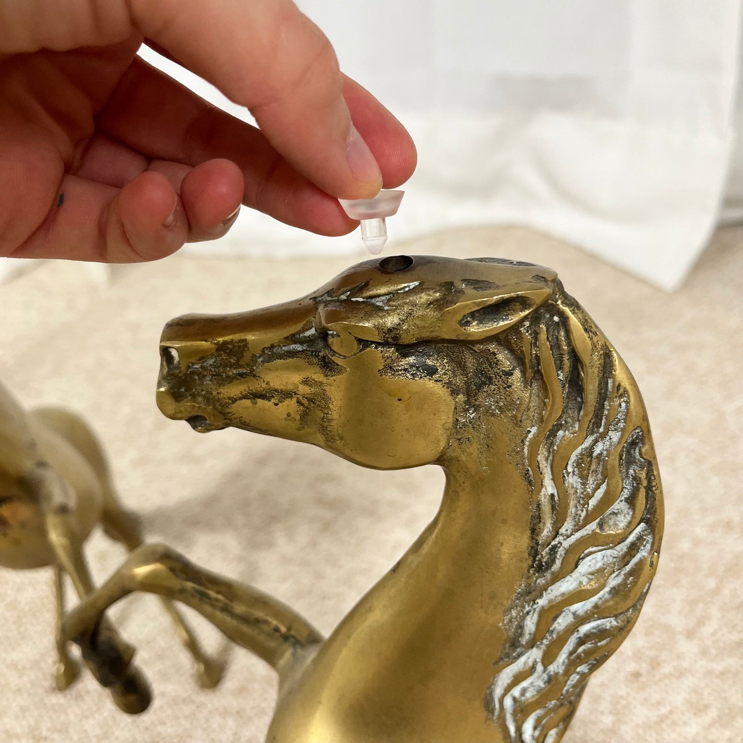 Hollywood Regency style coffee table, 6 patinated brass horses & glass top, 1970