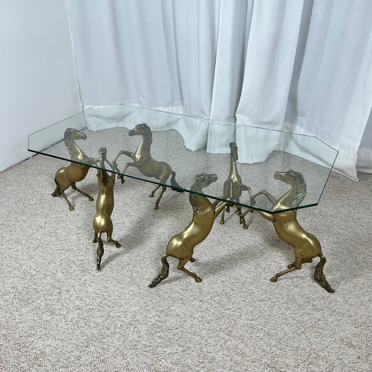 Table basse style Hollywood Regency, 6 chevaux en laiton patiné & plateau en verre, 1970