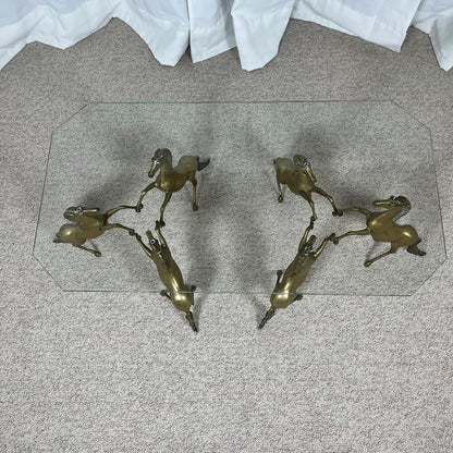 Hollywood Regency style coffee table, 6 patinated brass horses & glass top, 1970