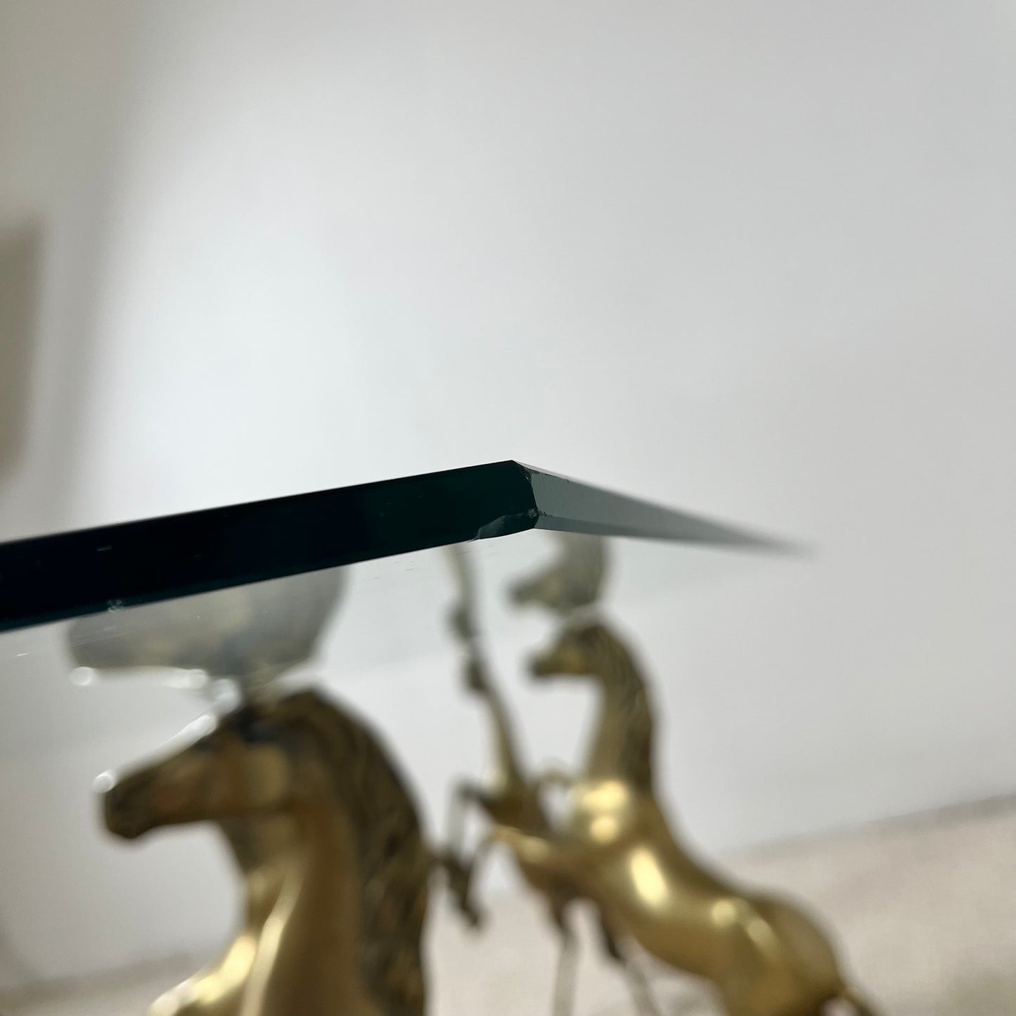 Hollywood Regency style coffee table, 6 patinated brass horses & glass top, 1970