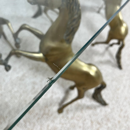 Hollywood Regency style coffee table, 6 patinated brass horses & glass top, 1970
