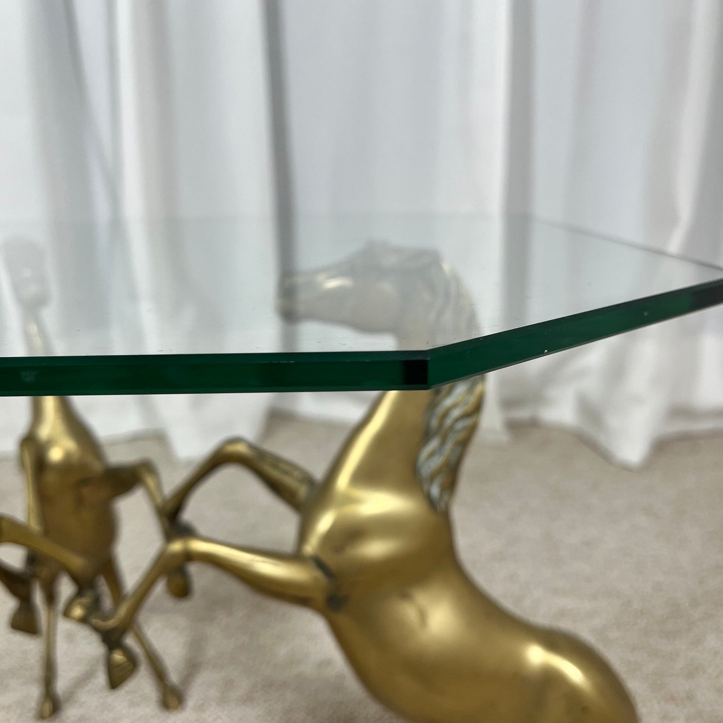 Hollywood Regency style coffee table, 6 patinated brass horses & glass top, 1970