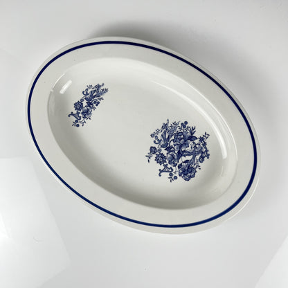 Grand plat ovale blanc & bleu, motif oiseau et fleur