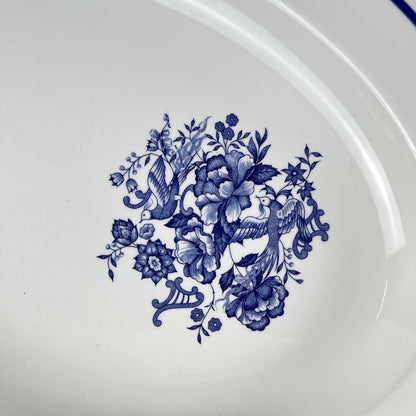 Grand plat ovale blanc & bleu, motif oiseau et fleur