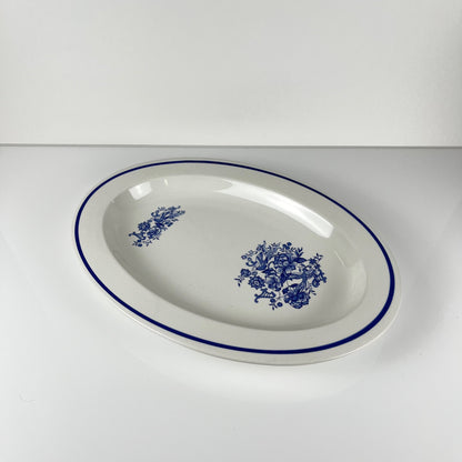 Grand plat ovale blanc & bleu, motif oiseau et fleur