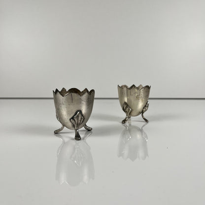 Pair of antique tripod egg cups in nickel silver, Art Nouveau style, circa 1900-1925