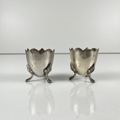 Pair of antique tripod egg cups in nickel silver, Art Nouveau style, circa 1900-1925