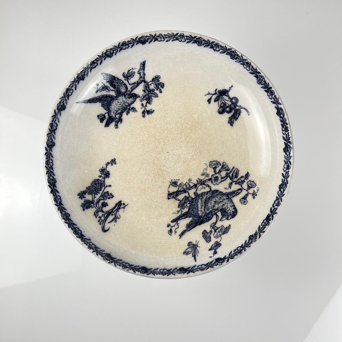 Compotier terre de Fer Pexonne, motif oiseau bleu fin XIXe