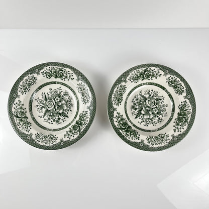 2 assiettes creuses anciennes faïence anglaise verte, fin XIXe