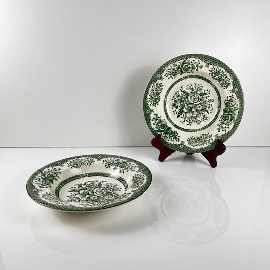 2 assiettes creuses anciennes faïence anglaise verte, fin XIXe