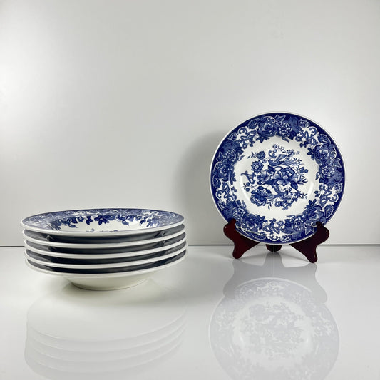 Set of 6 blue earthenware soup plates, floral and bird decoration, early 20th century