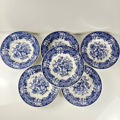 Set of 6 blue earthenware soup plates, floral and bird decoration, early 20th century
