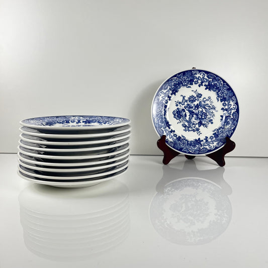 Set of 10 blue earthenware dessert plates with floral and bird decoration, early 20th century