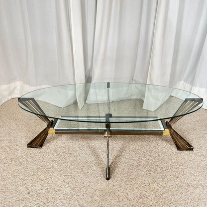 Table basse vintage italienne en verre, Métal couleur chrome & laiton , style Hollywood regency, Années 70