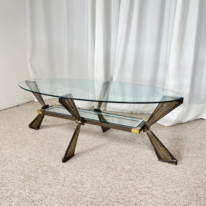 Table basse vintage italienne en verre, Métal couleur chrome & laiton , style Hollywood regency, Années 70