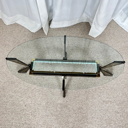 Table basse vintage italienne en verre, Métal couleur chrome & laiton , style Hollywood regency, Années 70