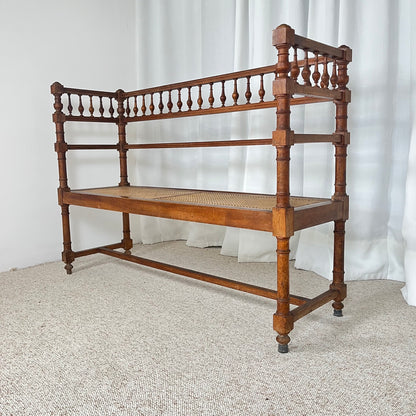 Banquette ancienne de style Louis XIII bois tourné cannage fin XIXe-début XXe