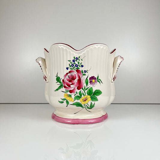 Grand cache pot KG Lunéville, modele "Réverbère" , motif rose