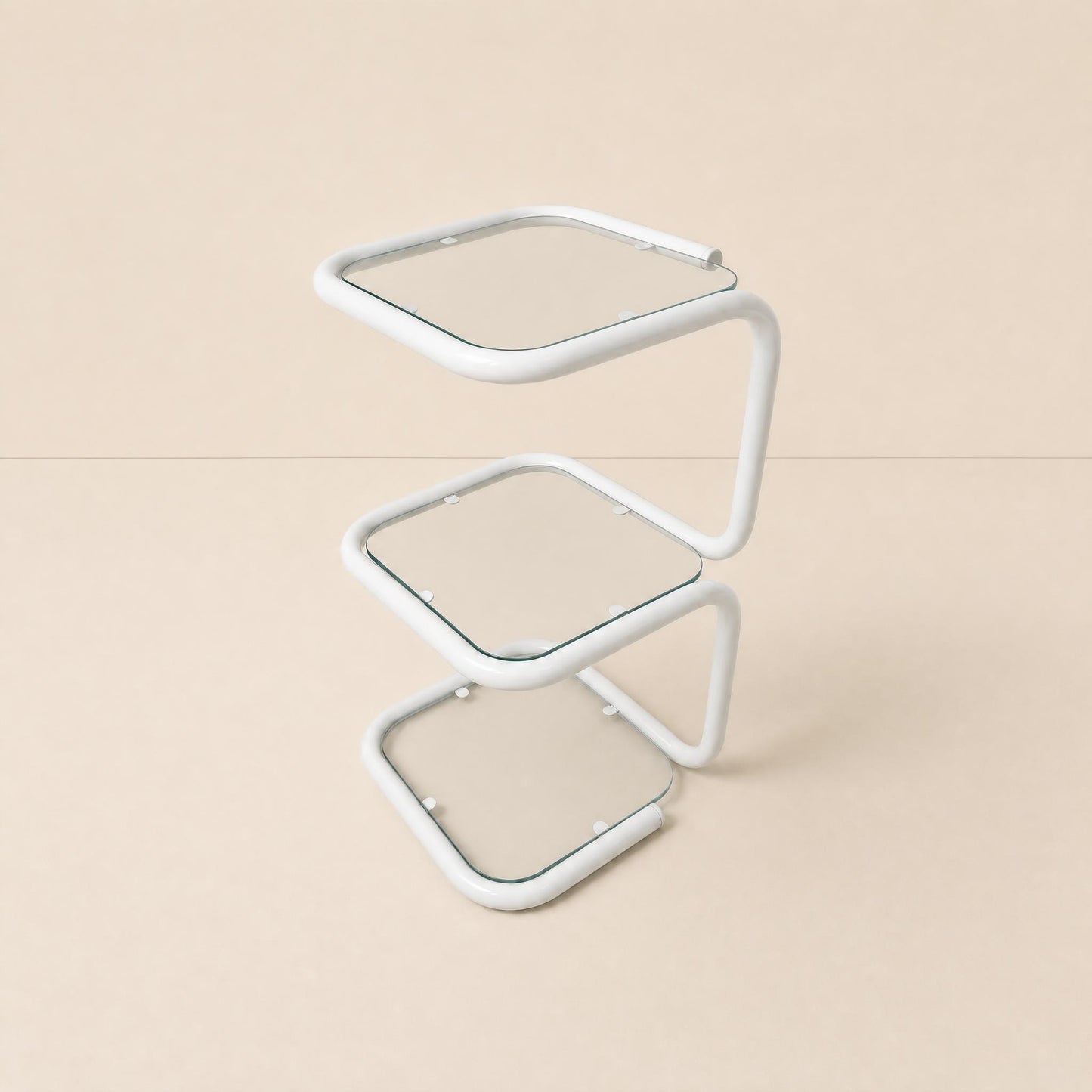 Vintage white tubular metal and glass side table, 1980s modernist design