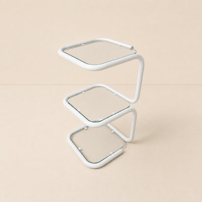 Vintage white tubular metal and glass side table, 1980s modernist design