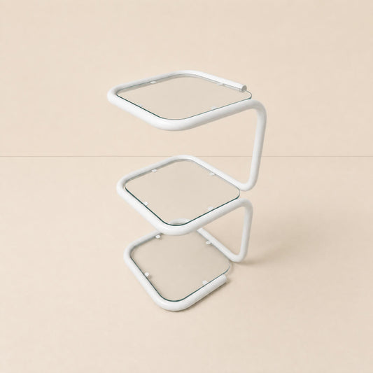 Table d’appoint vintage en métal tubulaire blanc et verre, design moderniste années 1980