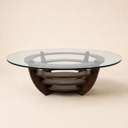 Table basse sculpturale à anneaux concentriques, verre et bois, circa 1985