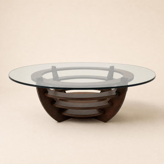 Table basse sculpturale à anneaux concentriques, verre et bois, circa 1985