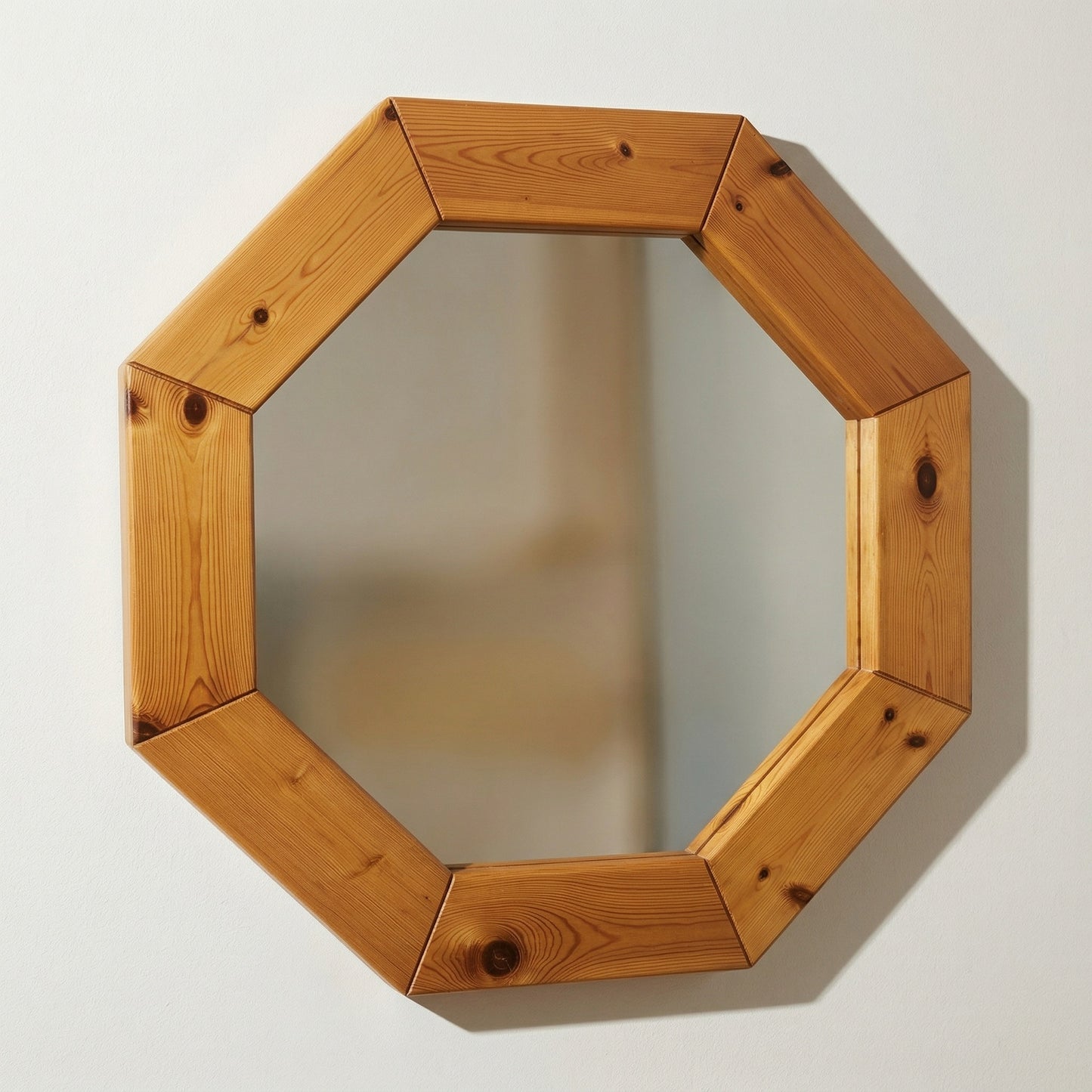 Large octagonal pine mirror, Scandinavian, 1980s