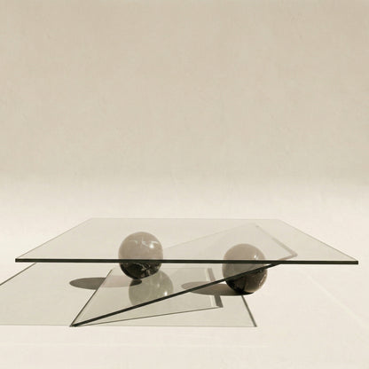Roche Bobois asymmetrical coffee table in glass and marble, by Maurice Barilone ,1980/90
