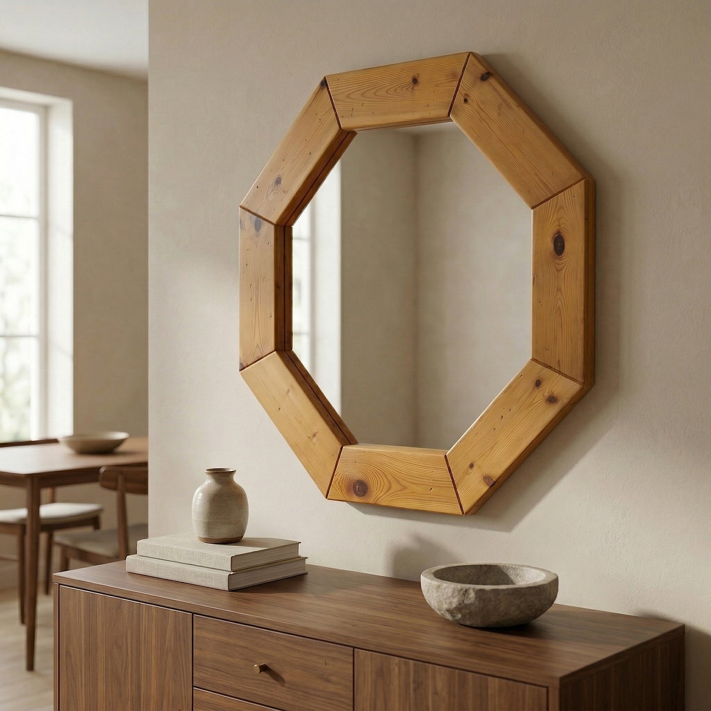Large octagonal pine mirror, Scandinavian, 1980s