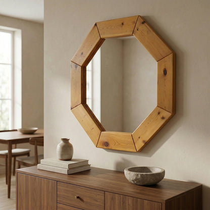 Large octagonal pine mirror, Scandinavian, 1980s