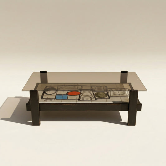 Table basse, 1960/70 en bois, céramique et verre