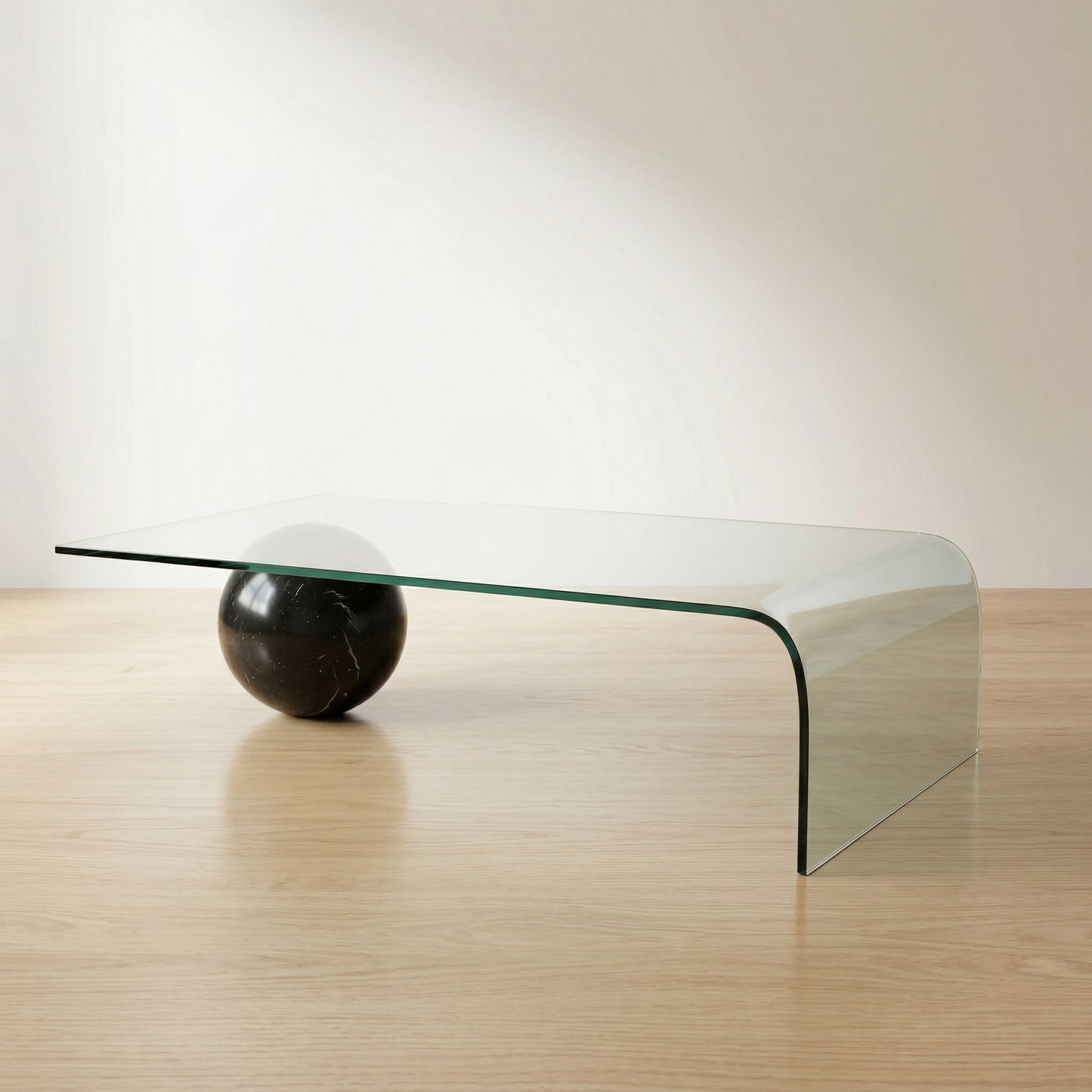Coffee table in curved glass and black marble sphere, Giorgio Cattelan for Cattelan, 1980