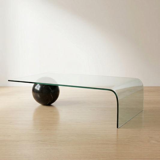 Table basse en verre cintré et sphere en marbre noir , Giorgio Cattelan pour Cattelan, 1980