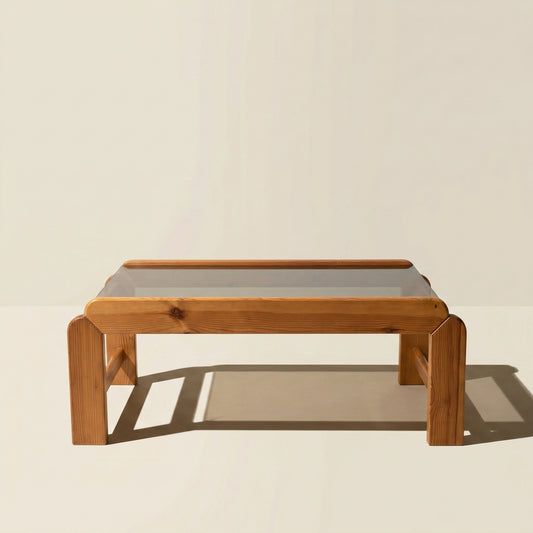 Table basse en pin et plateau en verre fumé, 1970/80