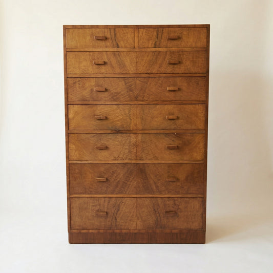 Rare Commode haute / semainier en noyer flammé art deco, 1930/1940