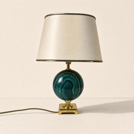 Lampe de table Maison Le Dauphin en laiton et imitation malachite verte, 1980