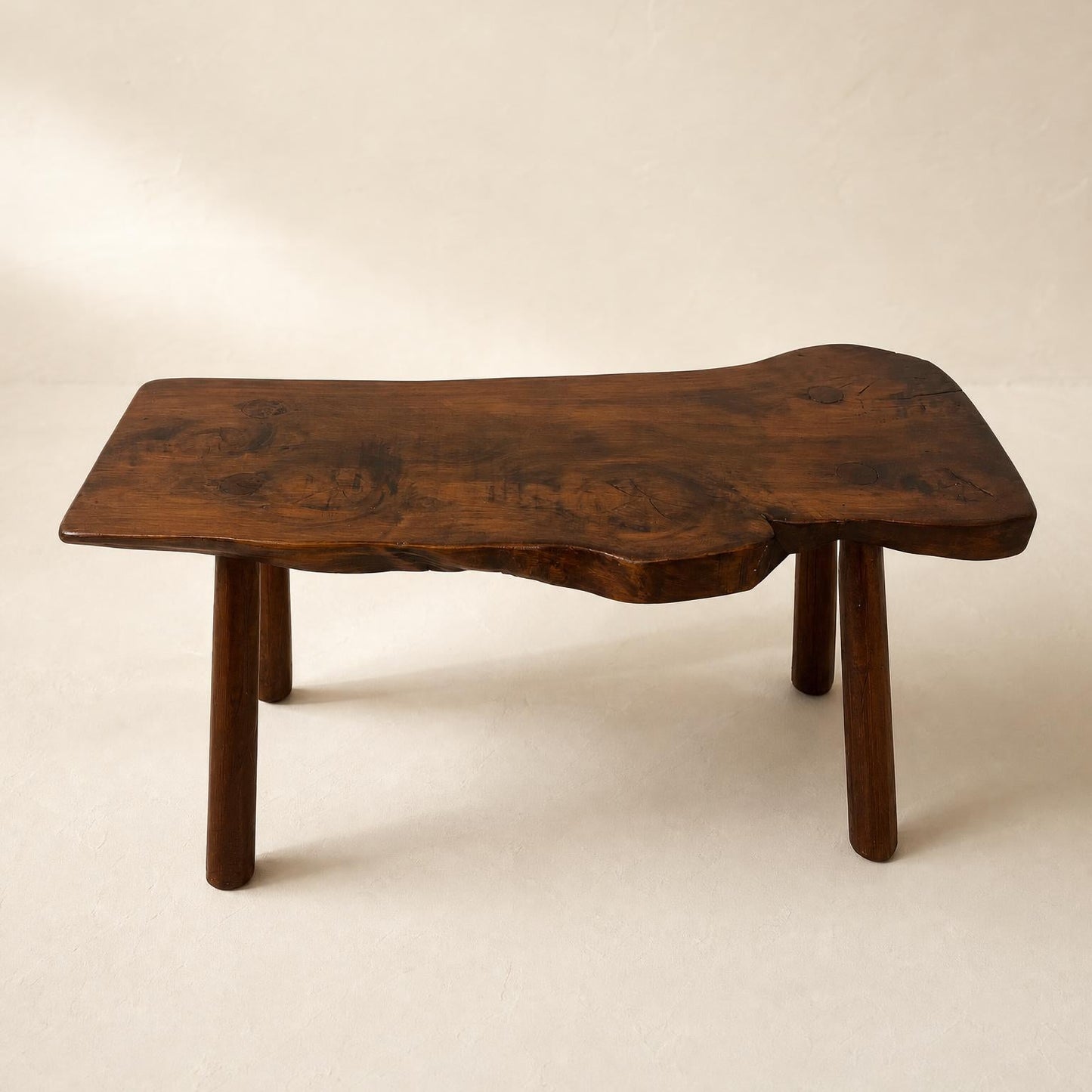 Rustic solid elm bench, wabi-sabi style, Mid-20th century.