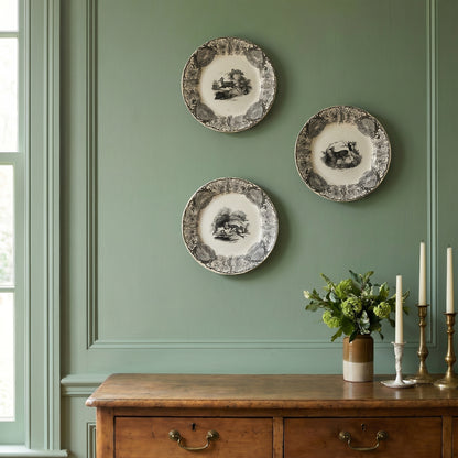 Trio of antique Sarreguemines U&C plates, hunting decor, 1850 - 19th century, black earthenware, The Doe, Chamois, Fox